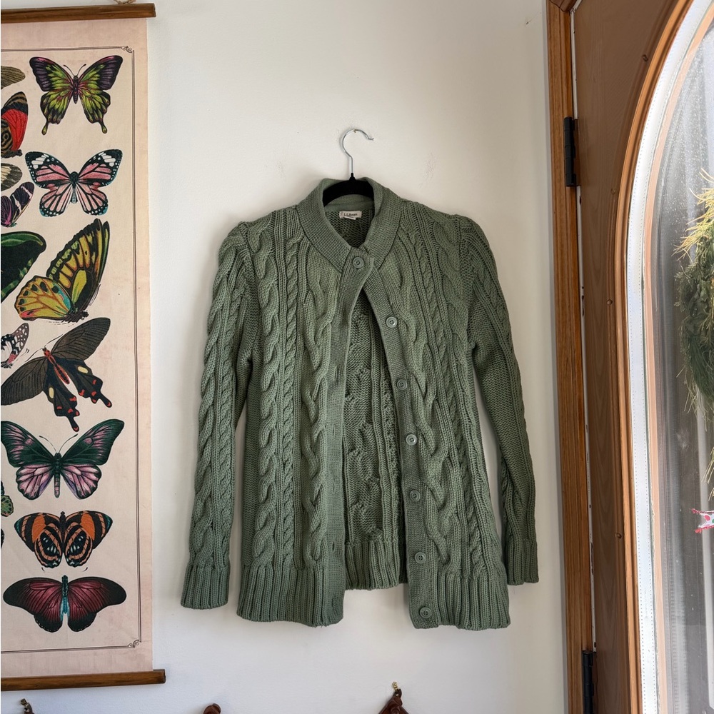 LL Bean Women's Green Cable Knit Cardigan Sweater
